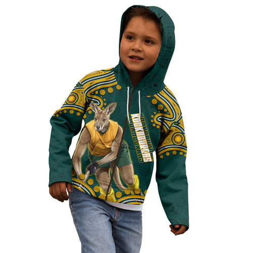 Personalized Kookaburras Field Hockey Kangaroo Kid Hoodie Indigenous Australian Dot Art Style In Green And Gold