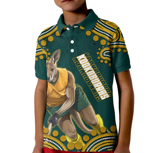 Personalized Kookaburras Field Hockey Kangaroo Kid Polo Shirt Indigenous Australian Dot Art Style In Green And Gold