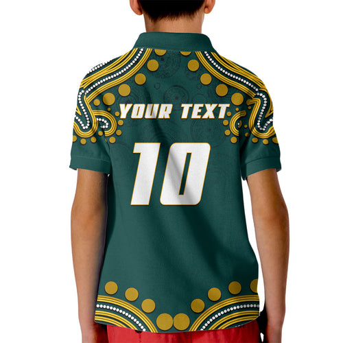 Personalized Kookaburras Field Hockey Kangaroo Kid Polo Shirt Indigenous Australian Dot Art Style In Green And Gold