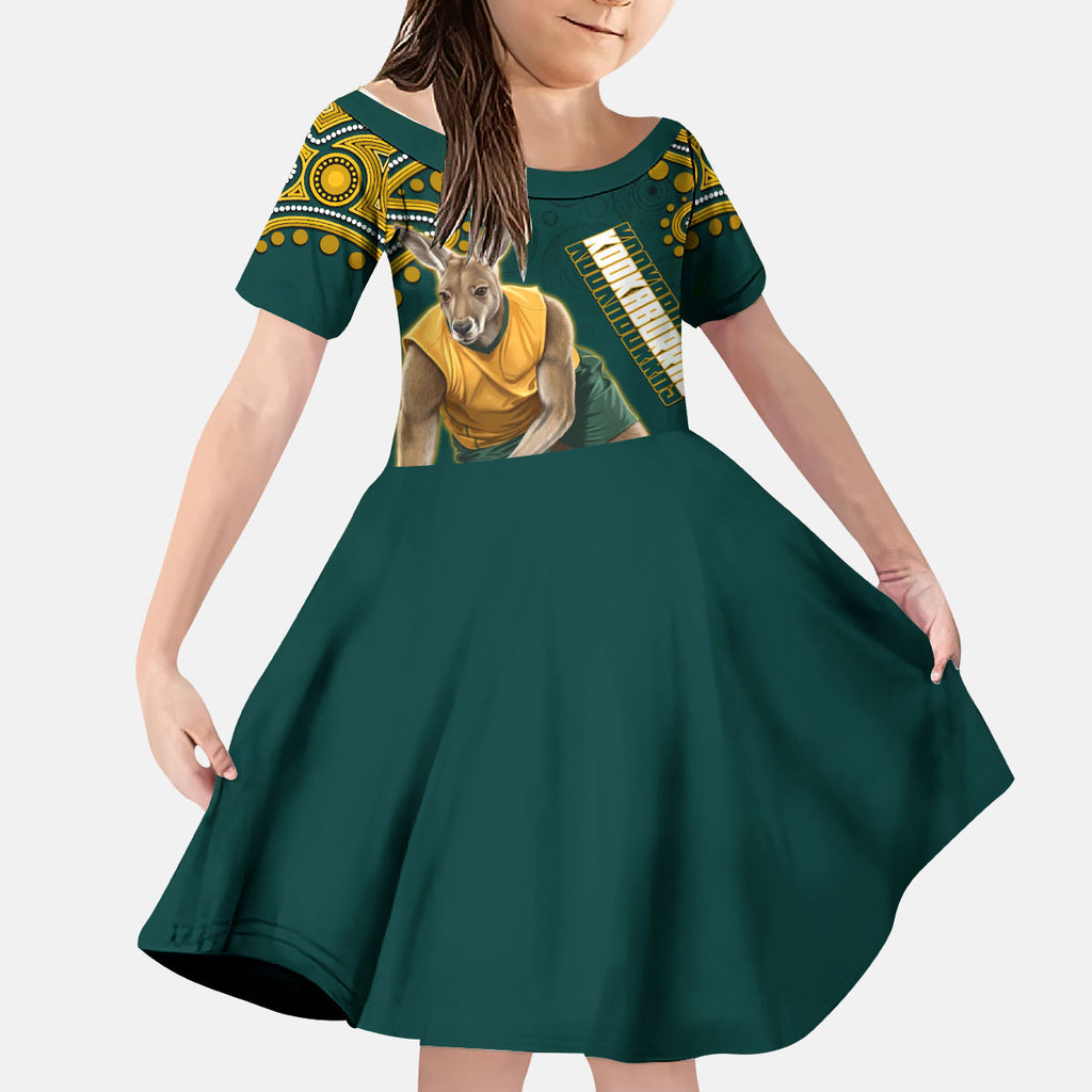 Personalized Kookaburras Field Hockey Kangaroo Kid Short Sleeve Dress Indigenous Australian Dot Art Style In Green And Gold