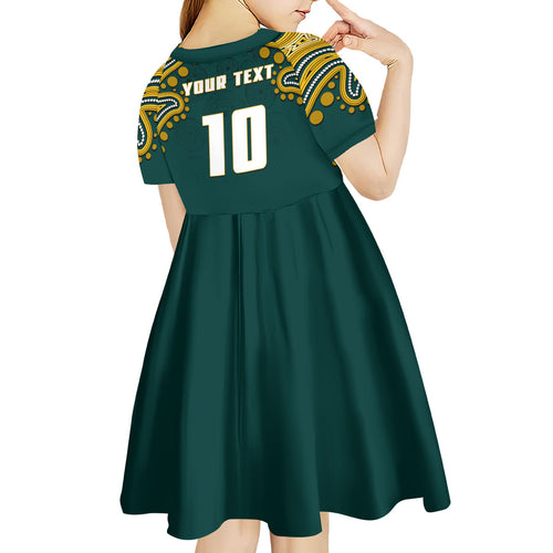 Personalized Kookaburras Field Hockey Kangaroo Kid Short Sleeve Dress Indigenous Australian Dot Art Style In Green And Gold
