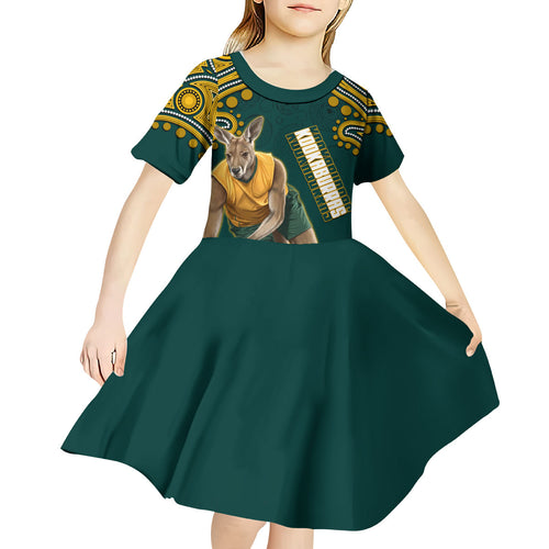 Personalized Kookaburras Field Hockey Kangaroo Kid Short Sleeve Dress Indigenous Australian Dot Art Style In Green And Gold