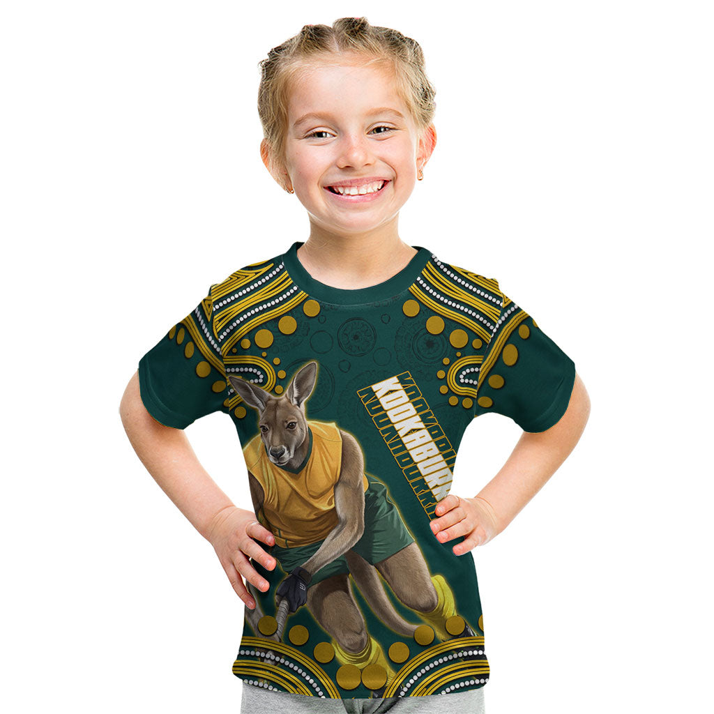 Personalized Kookaburras Field Hockey Kangaroo Kid T Shirt Indigenous Australian Dot Art Style In Green And Gold