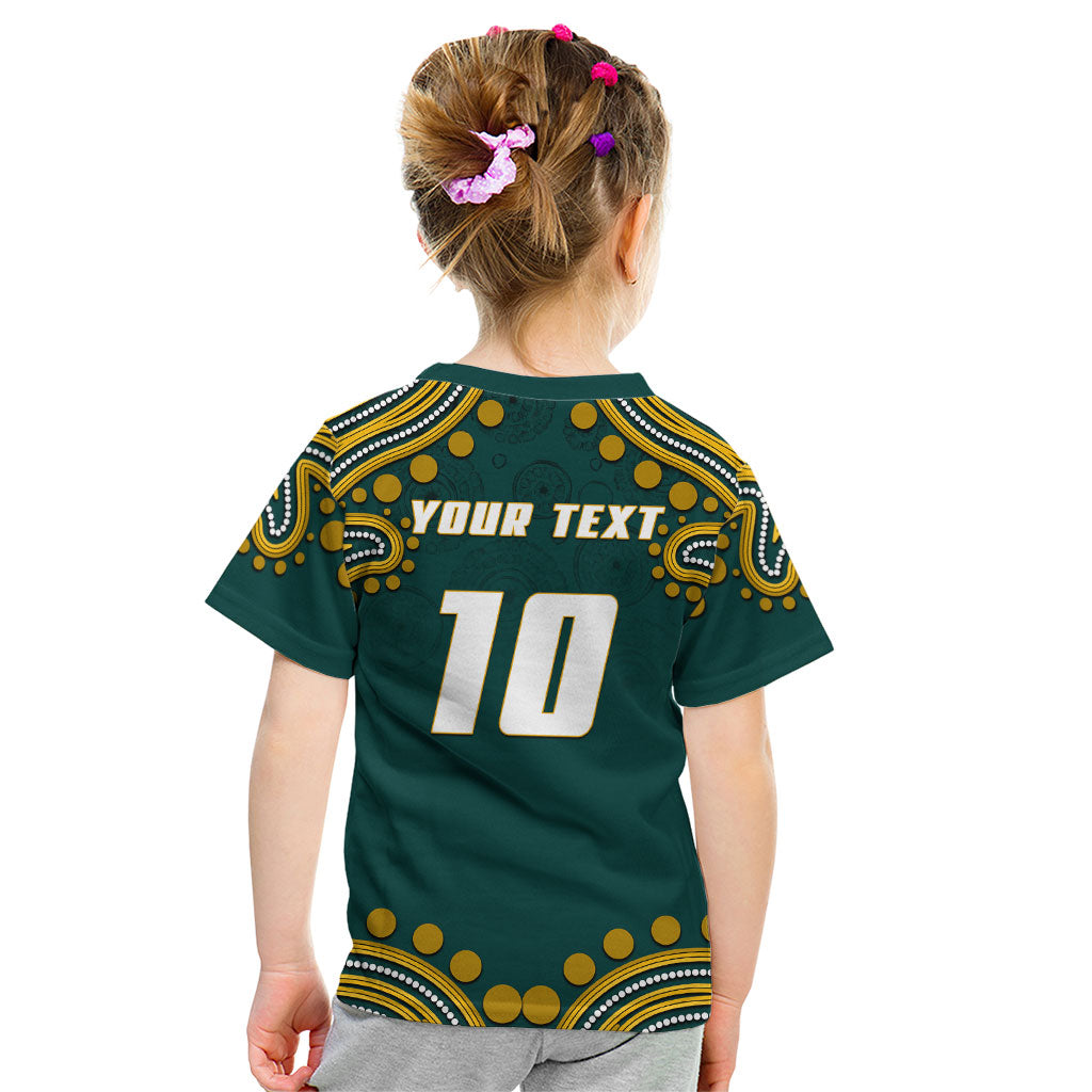 Personalized Kookaburras Field Hockey Kangaroo Kid T Shirt Indigenous Australian Dot Art Style In Green And Gold