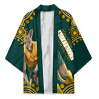 Personalized Kookaburras Field Hockey Kangaroo Kimono Indigenous Australian Dot Art Style In Green And Gold
