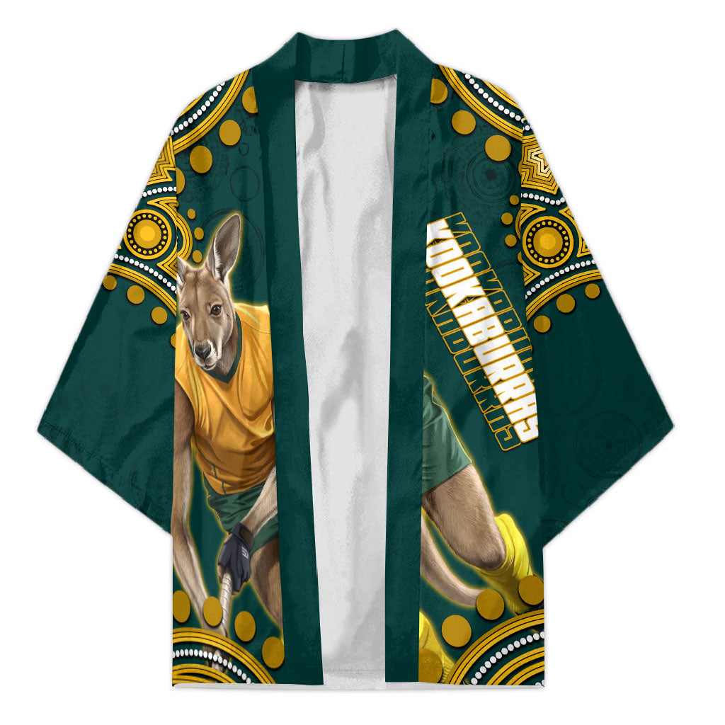 Personalized Kookaburras Field Hockey Kangaroo Kimono Indigenous Australian Dot Art Style In Green And Gold