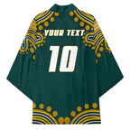 Personalized Kookaburras Field Hockey Kangaroo Kimono Indigenous Australian Dot Art Style In Green And Gold