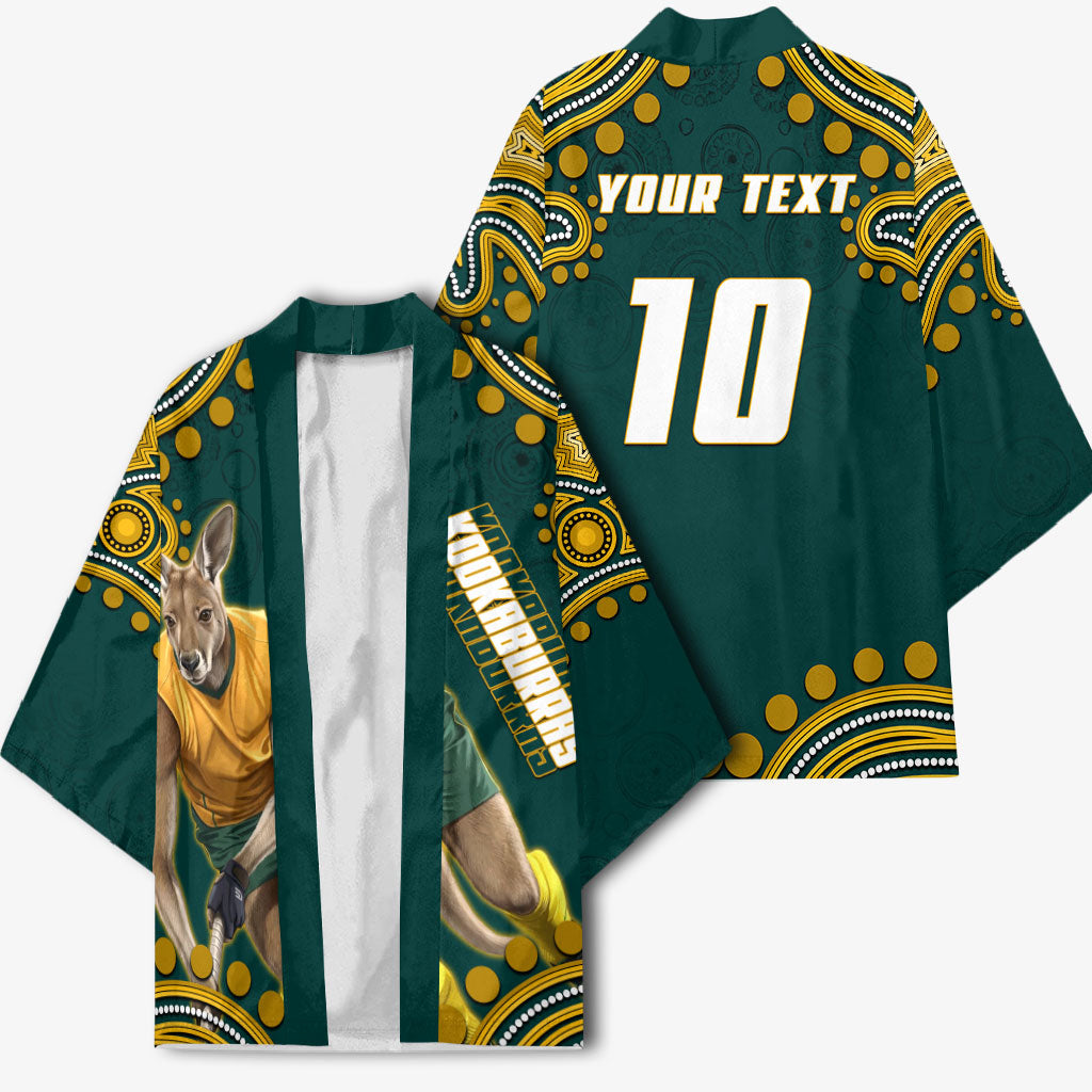 Personalized Kookaburras Field Hockey Kangaroo Kimono Indigenous Australian Dot Art Style In Green And Gold