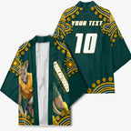 Personalized Kookaburras Field Hockey Kangaroo Kimono Indigenous Australian Dot Art Style In Green And Gold