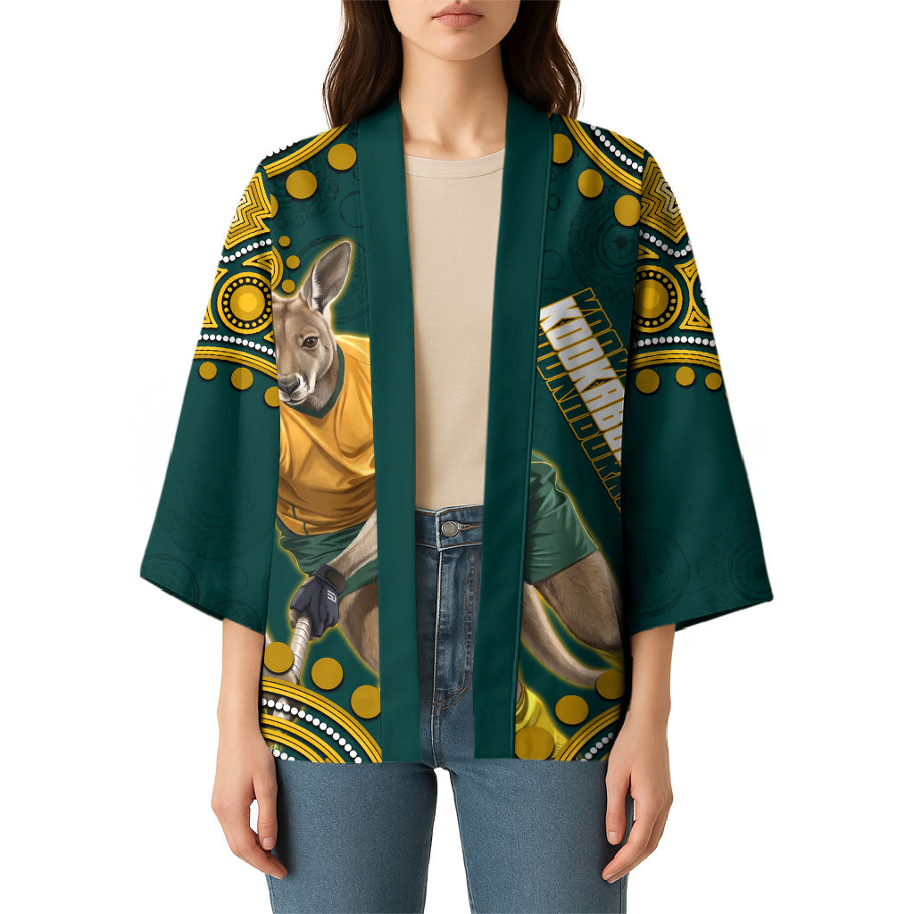 Personalized Kookaburras Field Hockey Kangaroo Kimono Indigenous Australian Dot Art Style In Green And Gold