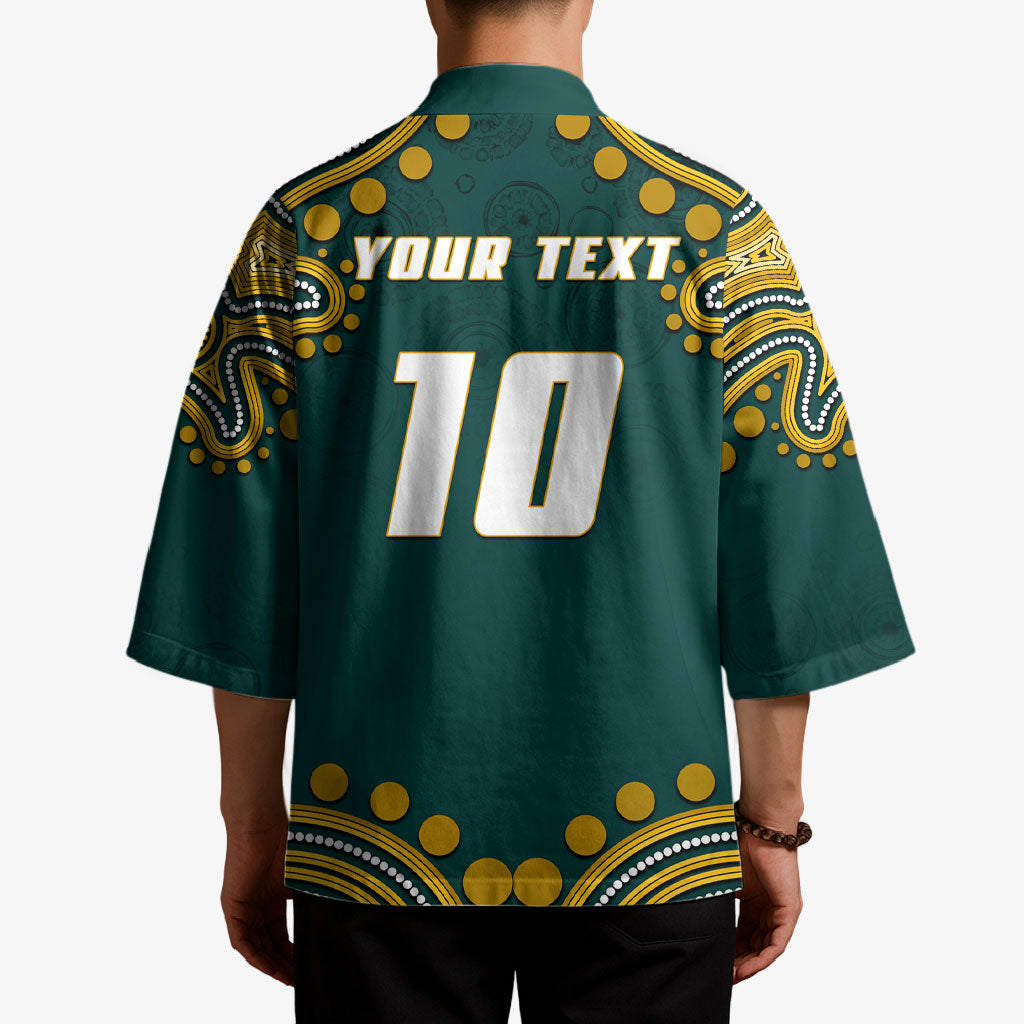 Personalized Kookaburras Field Hockey Kangaroo Kimono Indigenous Australian Dot Art Style In Green And Gold
