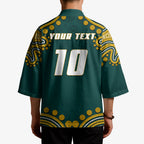 Personalized Kookaburras Field Hockey Kangaroo Kimono Indigenous Australian Dot Art Style In Green And Gold