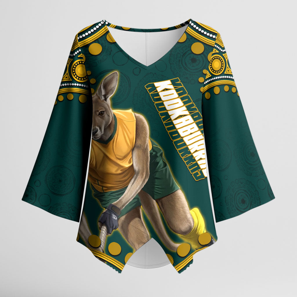 Personalized Kookaburras Field Hockey Kangaroo Kimono Sleeve Blouse Indigenous Australian Dot Art Style In Green And Gold