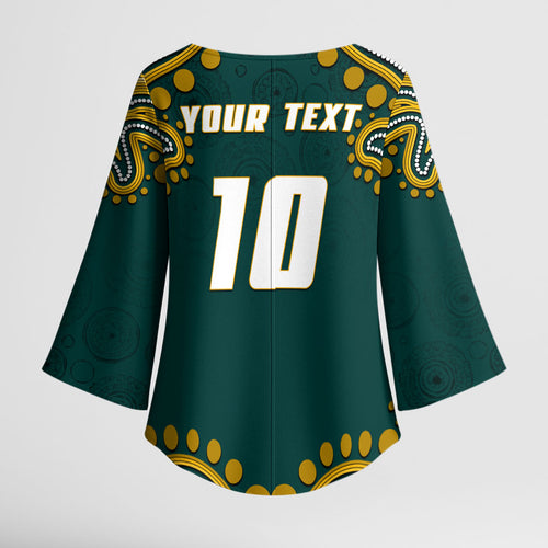 Personalized Kookaburras Field Hockey Kangaroo Kimono Sleeve Blouse Indigenous Australian Dot Art Style In Green And Gold