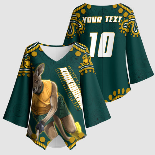 Personalized Kookaburras Field Hockey Kangaroo Kimono Sleeve Blouse Indigenous Australian Dot Art Style In Green And Gold
