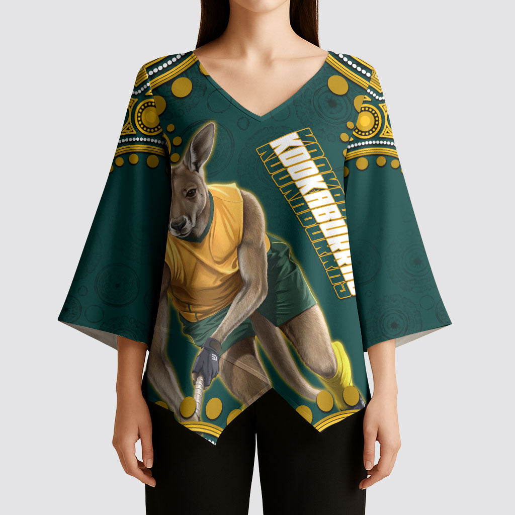 Personalized Kookaburras Field Hockey Kangaroo Kimono Sleeve Blouse Indigenous Australian Dot Art Style In Green And Gold