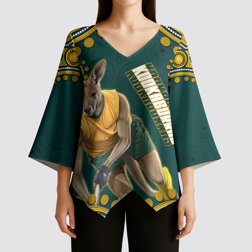 Personalized Kookaburras Field Hockey Kangaroo Kimono Sleeve Blouse Indigenous Australian Dot Art Style In Green And Gold