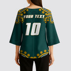 Personalized Kookaburras Field Hockey Kangaroo Kimono Sleeve Blouse Indigenous Australian Dot Art Style In Green And Gold