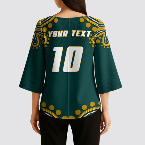 Personalized Kookaburras Field Hockey Kangaroo Kimono Sleeve Blouse Indigenous Australian Dot Art Style In Green And Gold