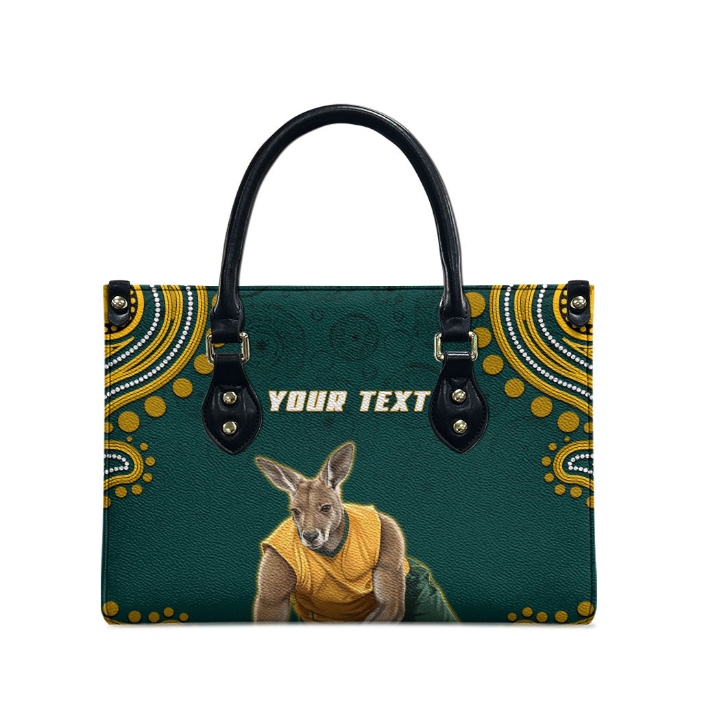 Personalized Kookaburras Field Hockey Kangaroo Leather Bag Indigenous Australian Dot Art Style In Green And Gold
