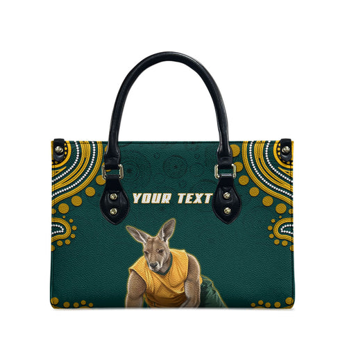 Personalized Kookaburras Field Hockey Kangaroo Leather Bag Indigenous Australian Dot Art Style In Green And Gold
