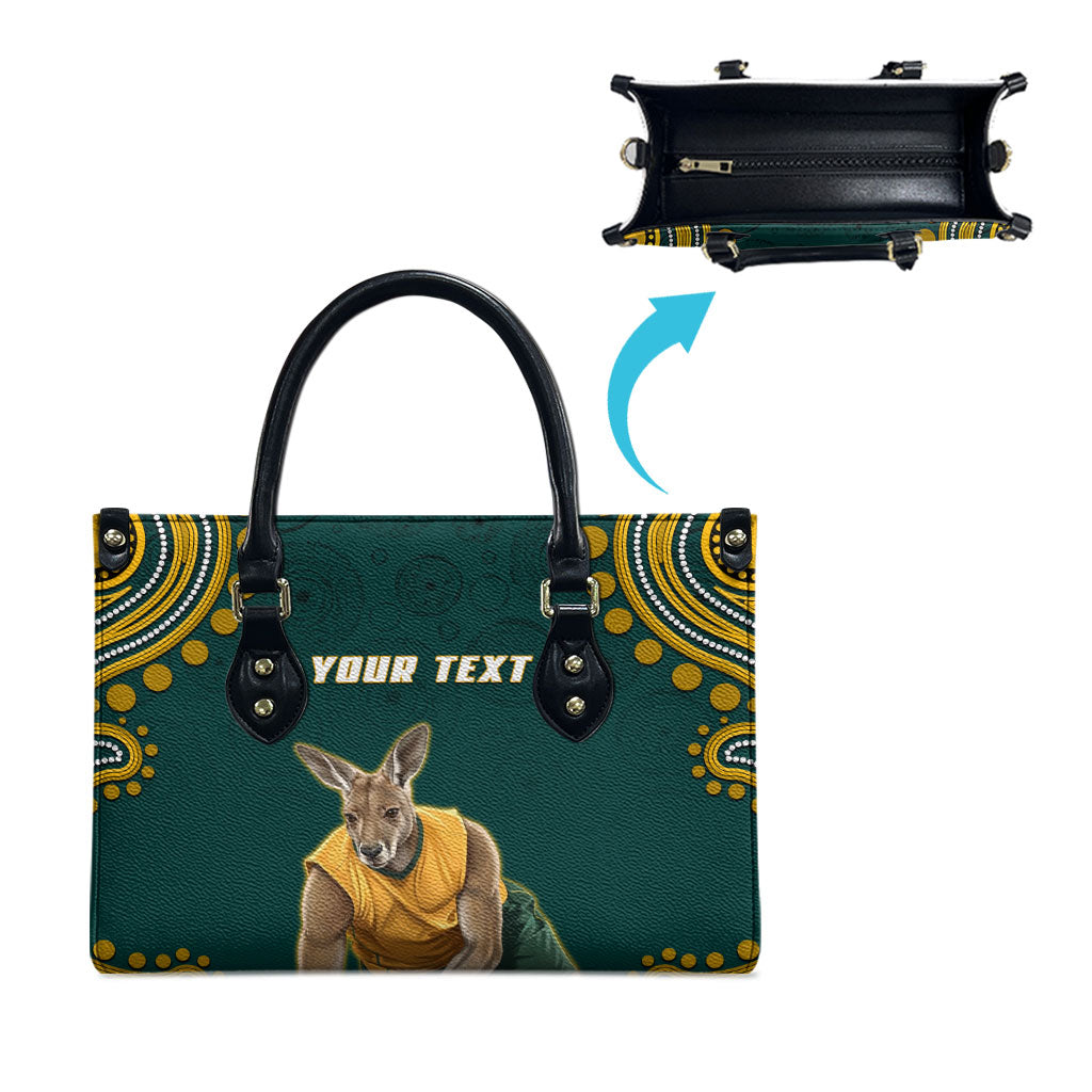 Personalized Kookaburras Field Hockey Kangaroo Leather Bag Indigenous Australian Dot Art Style In Green And Gold