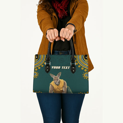 Personalized Kookaburras Field Hockey Kangaroo Leather Bag Indigenous Australian Dot Art Style In Green And Gold