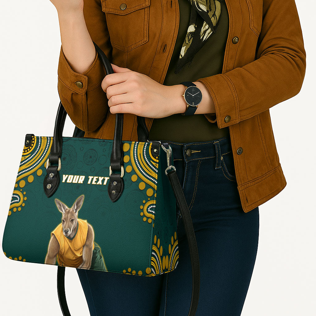 Personalized Kookaburras Field Hockey Kangaroo Leather Bag Indigenous Australian Dot Art Style In Green And Gold