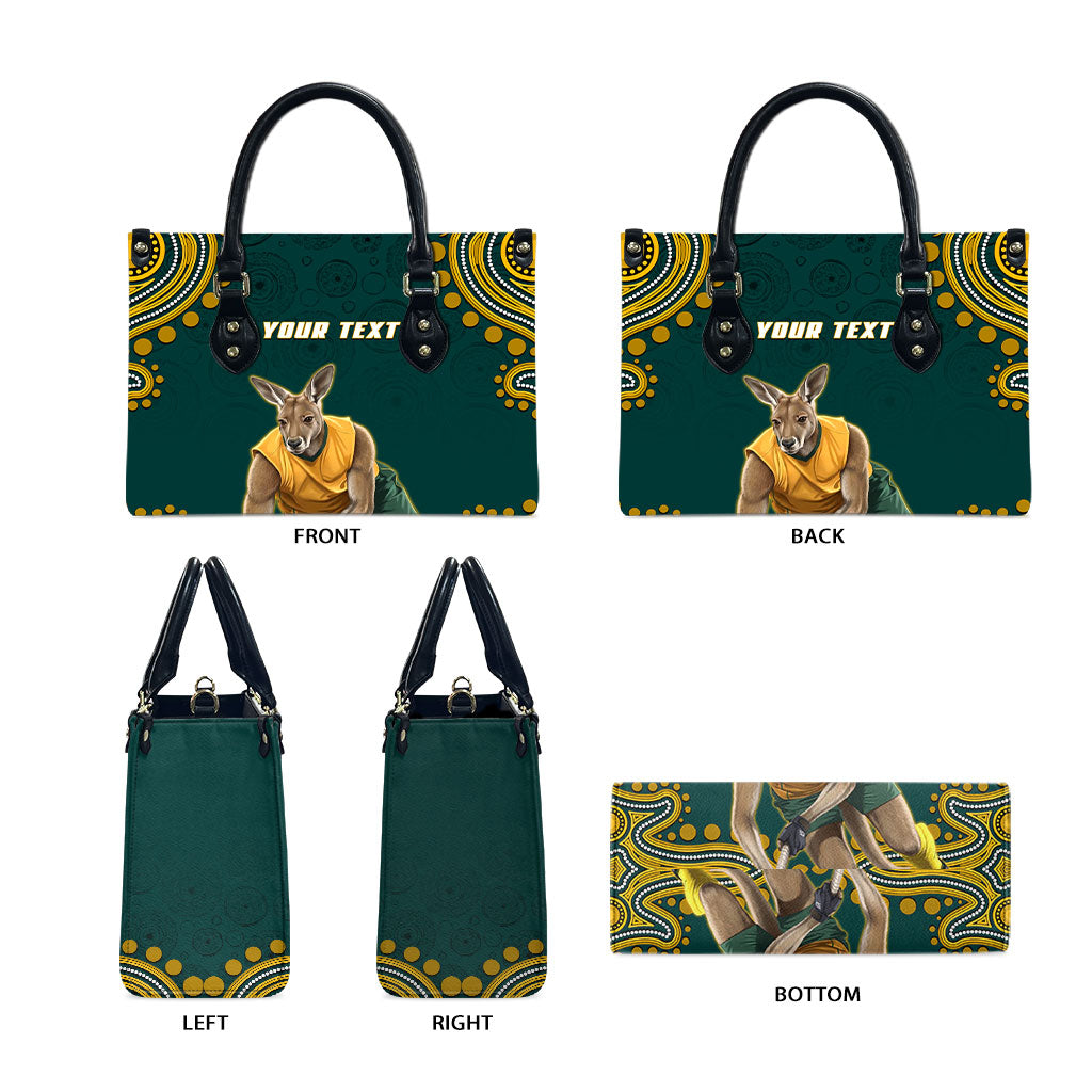 Personalized Kookaburras Field Hockey Kangaroo Leather Bag Indigenous Australian Dot Art Style In Green And Gold