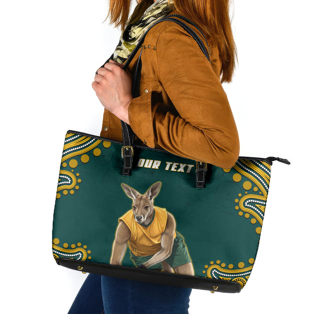 Personalized Kookaburras Field Hockey Kangaroo Leather Tote Bag Indigenous Australian Dot Art Style In Green And Gold