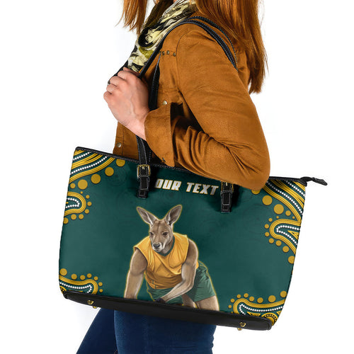 Personalized Kookaburras Field Hockey Kangaroo Leather Tote Bag Indigenous Australian Dot Art Style In Green And Gold