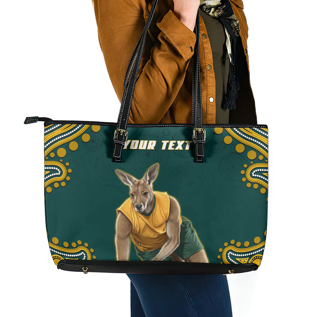 Personalized Kookaburras Field Hockey Kangaroo Leather Tote Bag Indigenous Australian Dot Art Style In Green And Gold