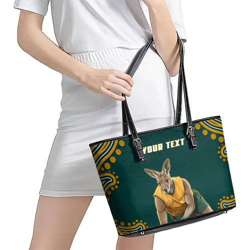 Personalized Kookaburras Field Hockey Kangaroo Leather Tote Bag Indigenous Australian Dot Art Style In Green And Gold