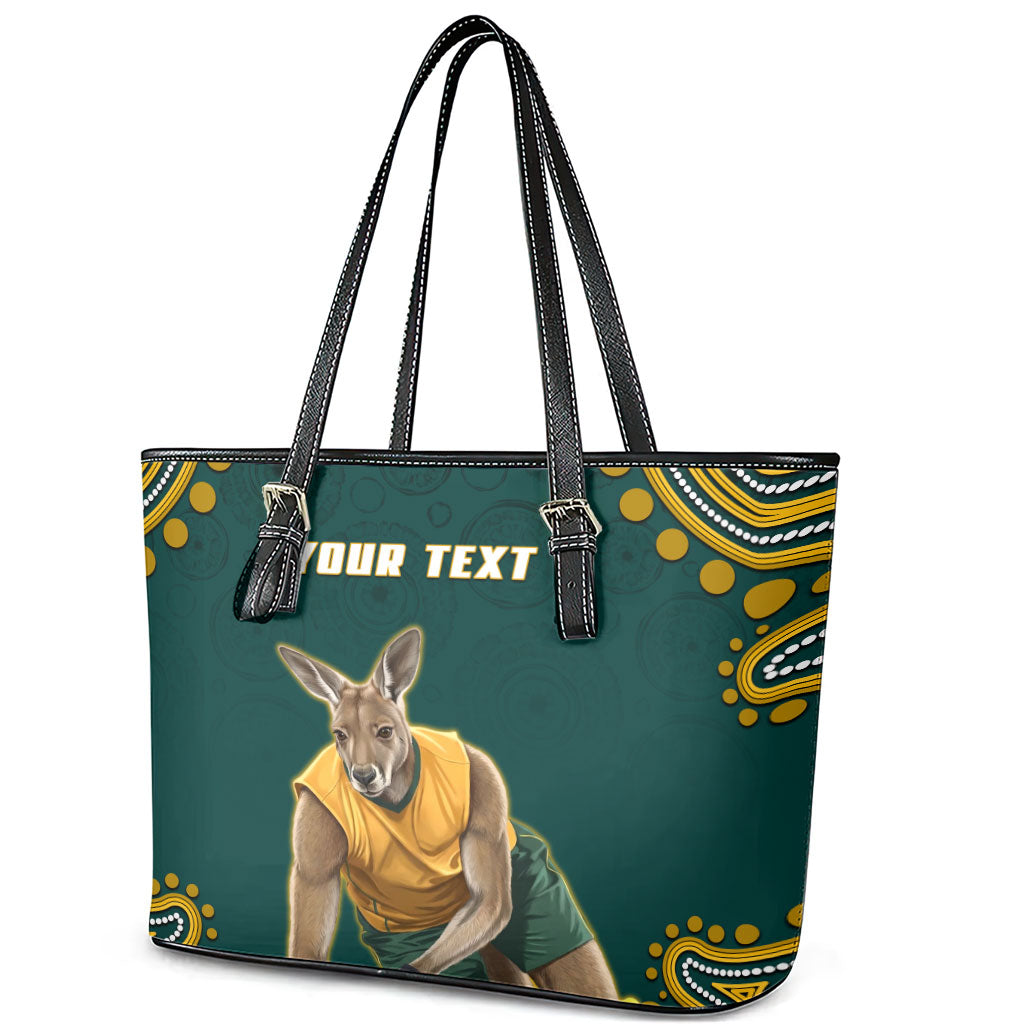 Personalized Kookaburras Field Hockey Kangaroo Leather Tote Bag Indigenous Australian Dot Art Style In Green And Gold