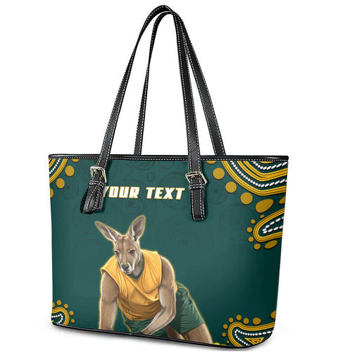 Personalized Kookaburras Field Hockey Kangaroo Leather Tote Bag Indigenous Australian Dot Art Style In Green And Gold