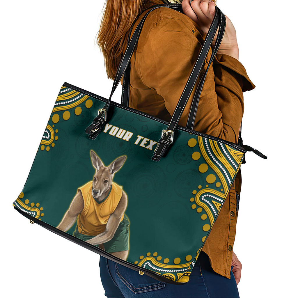 Personalized Kookaburras Field Hockey Kangaroo Leather Tote Bag Indigenous Australian Dot Art Style In Green And Gold