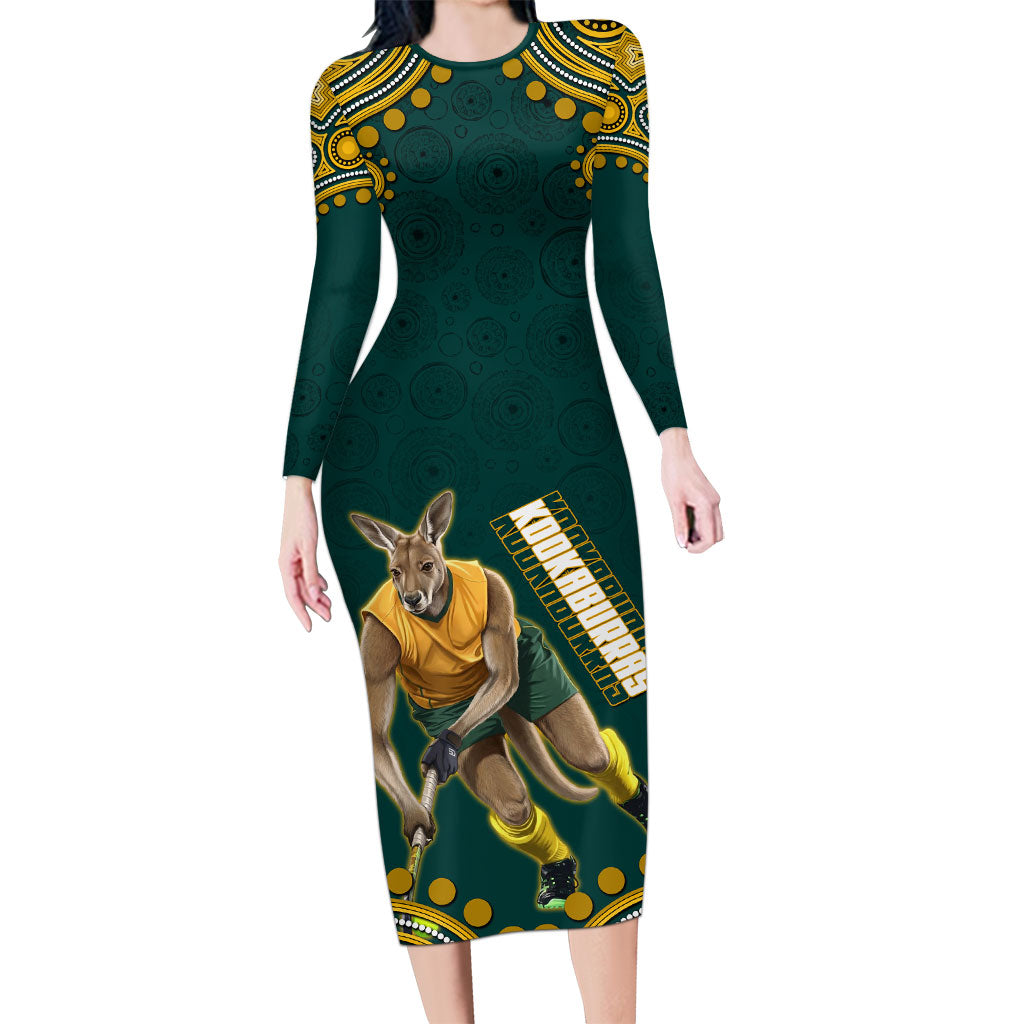 Personalized Kookaburras Field Hockey Kangaroo Long Sleeve Bodycon Dress Indigenous Australian Dot Art Style In Green And Gold