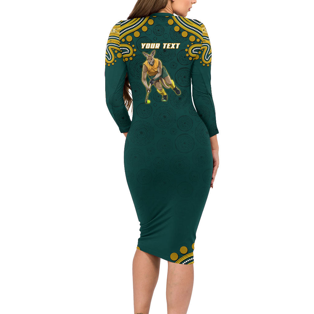 Personalized Kookaburras Field Hockey Kangaroo Long Sleeve Bodycon Dress Indigenous Australian Dot Art Style In Green And Gold