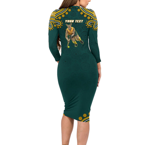 Personalized Kookaburras Field Hockey Kangaroo Long Sleeve Bodycon Dress Indigenous Australian Dot Art Style In Green And Gold