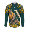 Personalized Kookaburras Field Hockey Kangaroo Long Sleeve Button Shirt Indigenous Australian Dot Art Style In Green And Gold