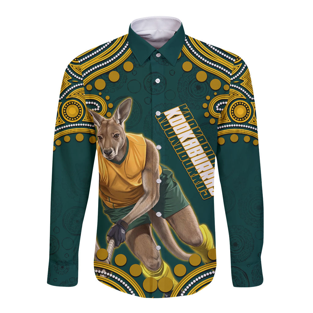 Personalized Kookaburras Field Hockey Kangaroo Long Sleeve Button Shirt Indigenous Australian Dot Art Style In Green And Gold