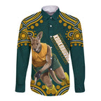Personalized Kookaburras Field Hockey Kangaroo Long Sleeve Button Shirt Indigenous Australian Dot Art Style In Green And Gold