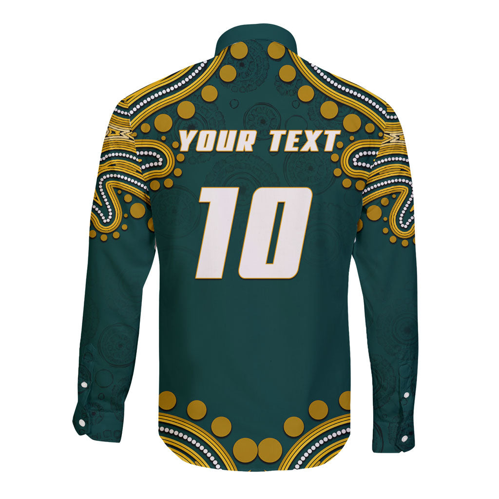 Personalized Kookaburras Field Hockey Kangaroo Long Sleeve Button Shirt Indigenous Australian Dot Art Style In Green And Gold