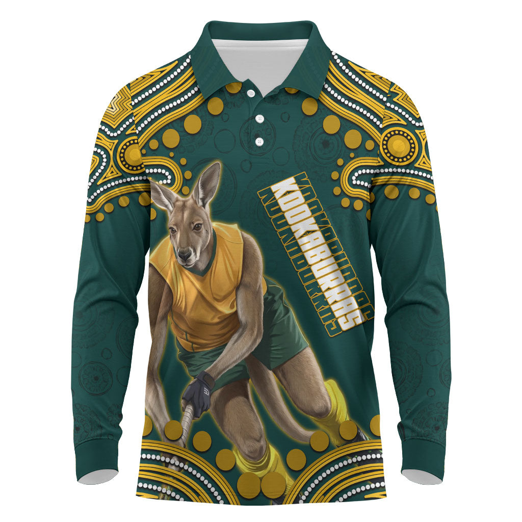 Personalized Kookaburras Field Hockey Kangaroo Long Sleeve Polo Shirt Indigenous Australian Dot Art Style In Green And Gold