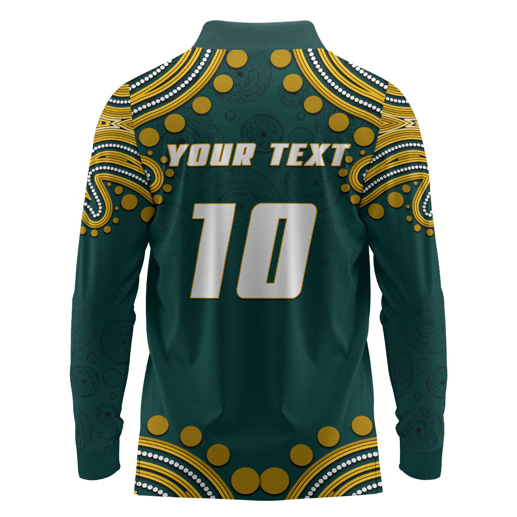 Personalized Kookaburras Field Hockey Kangaroo Long Sleeve Polo Shirt Indigenous Australian Dot Art Style In Green And Gold