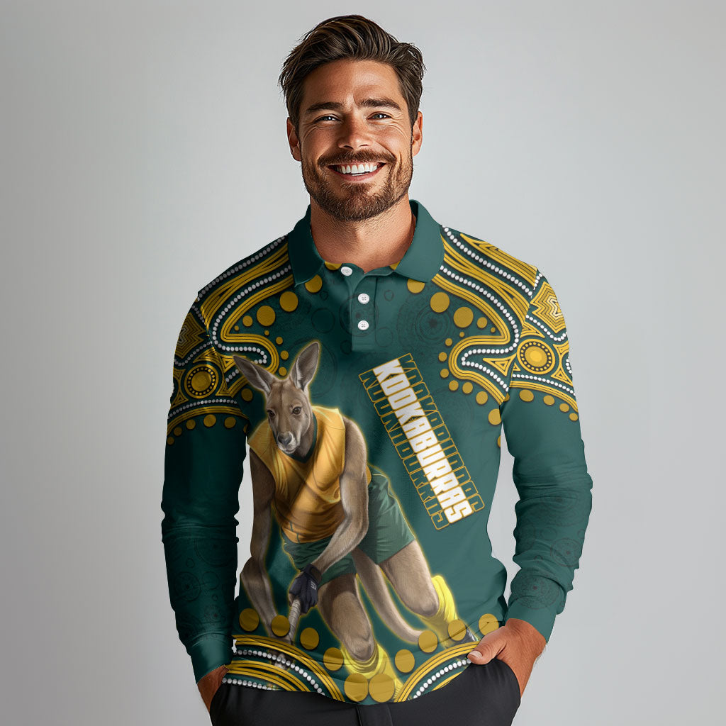 Personalized Kookaburras Field Hockey Kangaroo Long Sleeve Polo Shirt Indigenous Australian Dot Art Style In Green And Gold