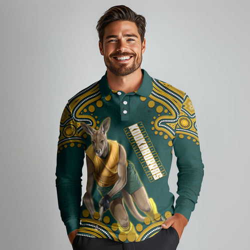 Personalized Kookaburras Field Hockey Kangaroo Long Sleeve Polo Shirt Indigenous Australian Dot Art Style In Green And Gold