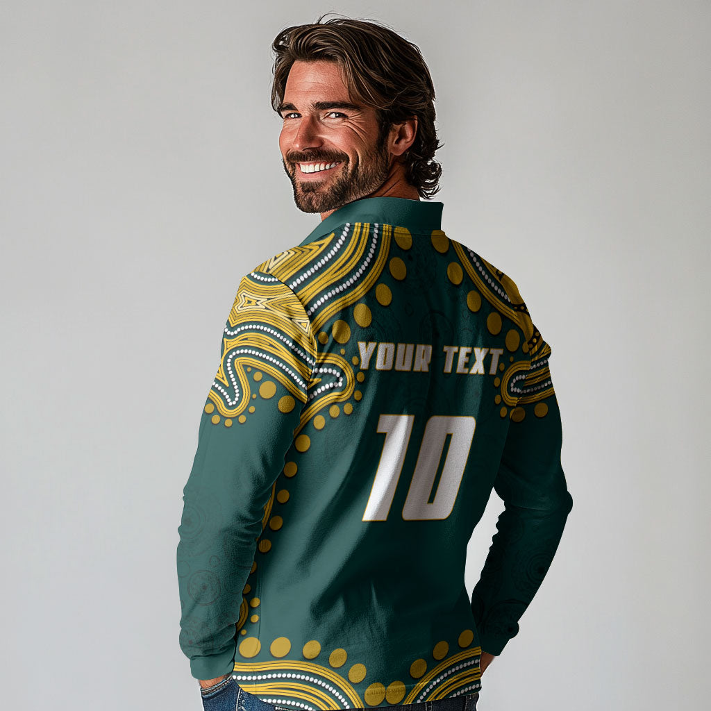 Personalized Kookaburras Field Hockey Kangaroo Long Sleeve Polo Shirt Indigenous Australian Dot Art Style In Green And Gold