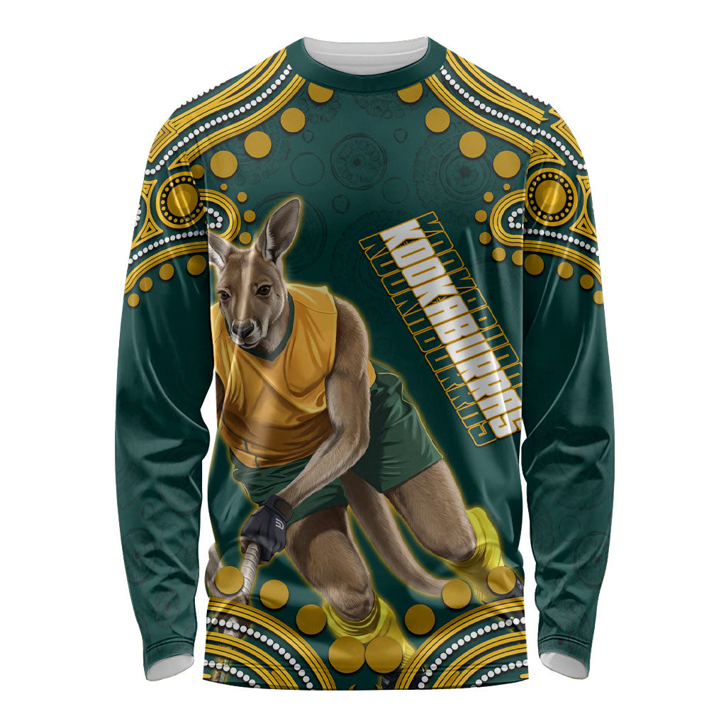 Personalized Kookaburras Field Hockey Kangaroo Long Sleeve Shirt Indigenous Australian Dot Art Style In Green And Gold