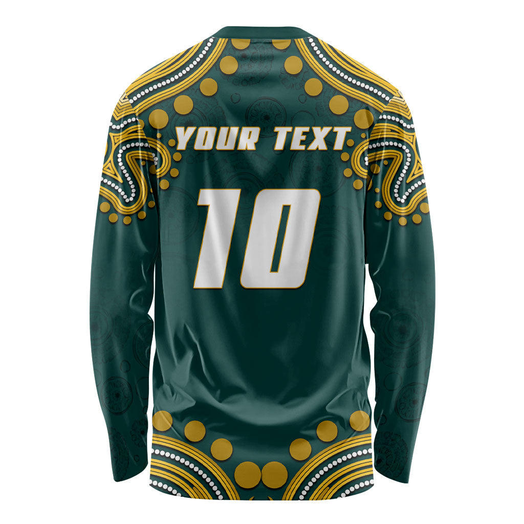 Personalized Kookaburras Field Hockey Kangaroo Long Sleeve Shirt Indigenous Australian Dot Art Style In Green And Gold
